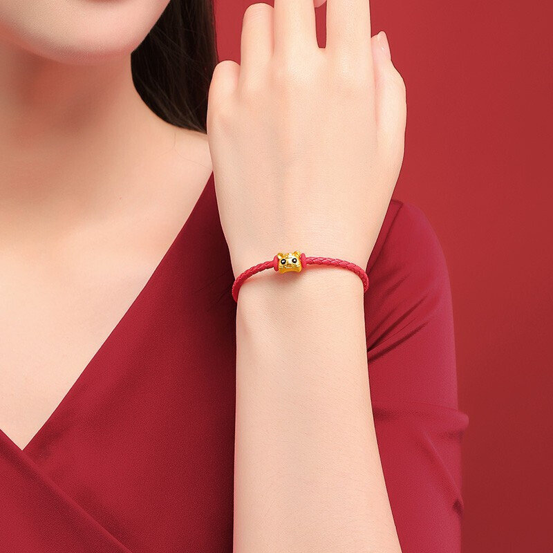 赛菲尔黄金生肖虎转运珠手链男女硬金虎手串本命年金手链送宝宝配红皮