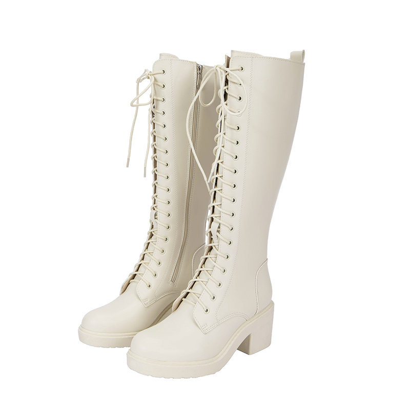 女长靴英伦风高筒及膝长靴子新款秋冬季系带平底百搭骑士靴马丁靴白色