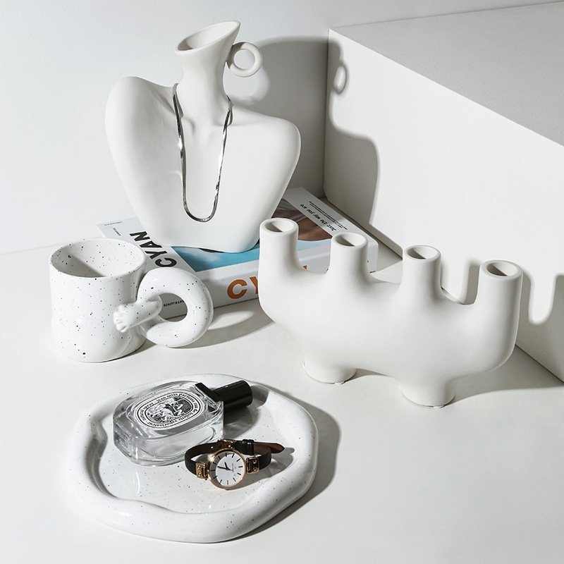 贝汉美简约现代白色花瓶摆件艺术陶瓷花器客厅插花玄关家居装饰品中号