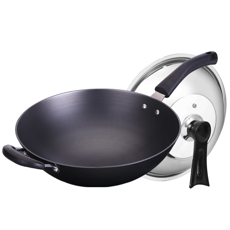 铸铁锅无涂层不生锈圆底生铁炒菜锅黑色36cm尖底有耳加厚立盖默认版本