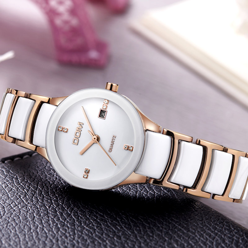 多姆(dom)手表 女表(玫金带白盘)时尚商务简约两针洁白面立体镶钻刻度