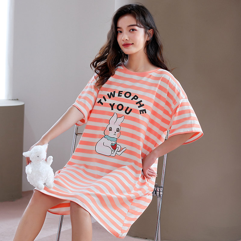 纯棉夏季睡裙女薄款宽松休闲外穿女士家居服粉色
