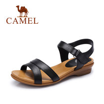camel骆驼女鞋 2016夏季新款平跟凉鞋 软面舒适真皮休闲平底凉鞋妈妈鞋 A62862615(黑色 39)