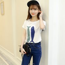 娇维安 夏季韩版体血衫 圆领短袖女士T恤 宽松印花图案女式t恤 女(白色 XL)