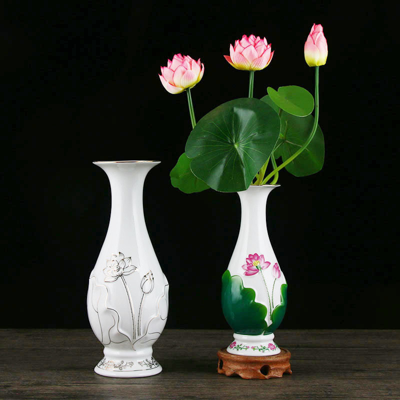 陶瓷客厅供佛花瓶观音净水瓶莲花瓶居家摆件佛前供花代简约插花瓶彩荷