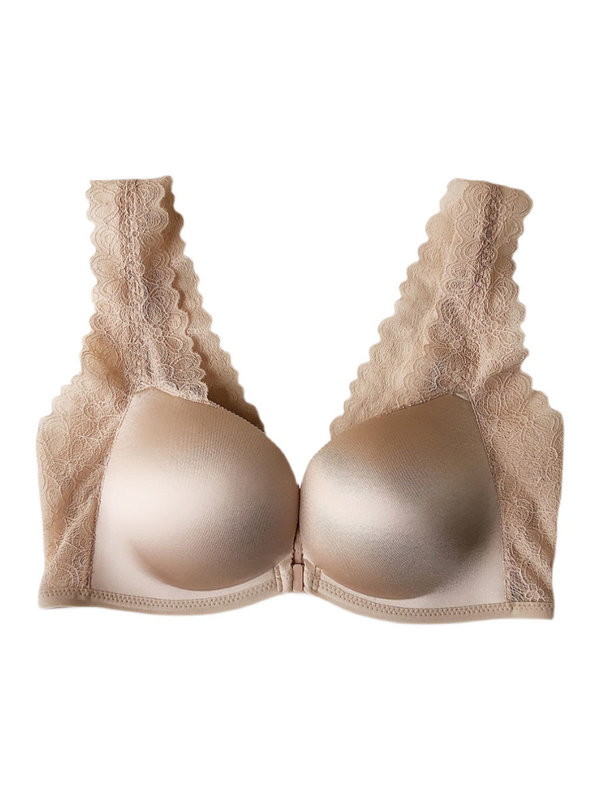 日本轻木棉背心前扣美背性感无钢圈聚拢内衣女6319宝蓝色蕾丝版80b