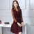 莉妮吉尔2017年春季新款韩版中长款九分袖V领连衣裙女气质修身性感打底A字裙(黑色 XL)第4张高清大图