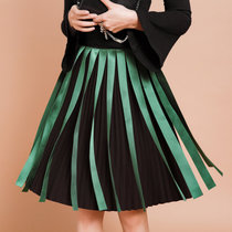 七格格2017夏装新款复古高腰压褶撞色织带拼接中裙半身裙女U002(黑色 XL)