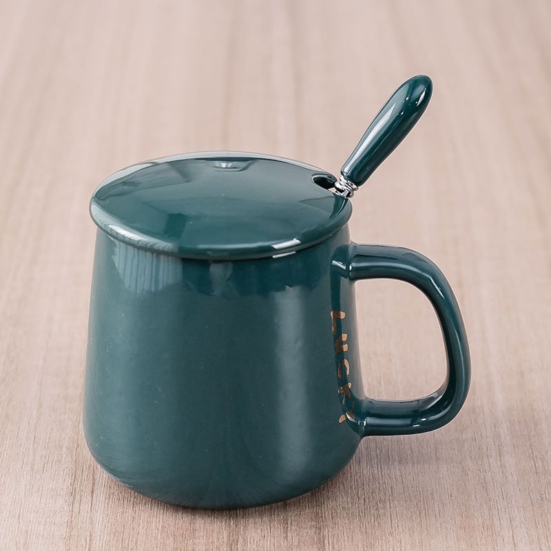 马克杯陶瓷杯子带盖勺早餐咖啡杯家用情侣水杯男女生茶杯办公室p深蓝