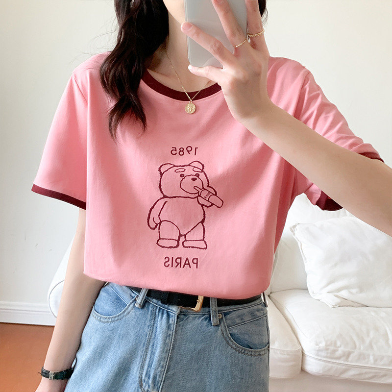 木缘子夕夏季新款短袖t恤女宽松韩版小熊印花圆领撞色上衣(虾粉色 l)