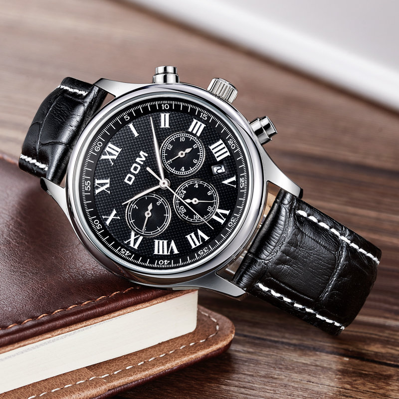 多姆(dom)手表 男表(皮带黑盘黑皮) 时尚商务全自动机械多功能二十四