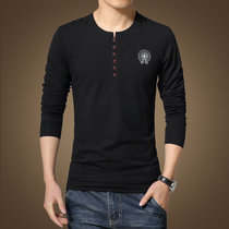 秋季新款男装大码V领长袖T恤男士青年弹力纯棉纯色polo保罗衫Q8307(黑色 XL)