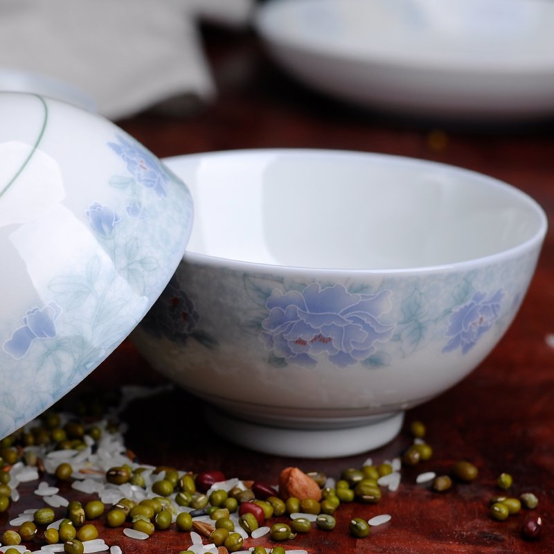 红杜鹃老式碗家用陶瓷米饭5寸饭碗10个装吃饭农村怀旧小碗不烫手6英寸