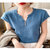 【新款】女士100%纯棉开叉V领带扣短袖(浅蓝色 L)第4张高清大图