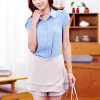 纯色短袖女雪纺衫 夏季韩版大码女衬衫上衣 OL通勤气质 DELUXSEY(蓝色 S)