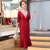MISS LISA韩版时尚气质高腰V领中长款连衣裙修身大码裙子YWZ8117(红色 M)第3张高清大图
