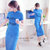 DELUXSEY 字母印花卫衣套裙两件套 夏季韩版短袖连帽上衣+开叉长裙(蓝色 S)第2张高清大图