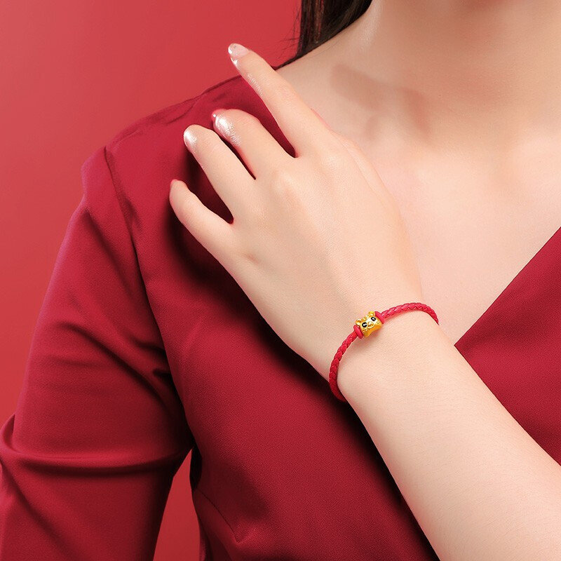 赛菲尔黄金生肖虎转运珠手链男女硬金虎手串本命年金手链送宝宝配红皮